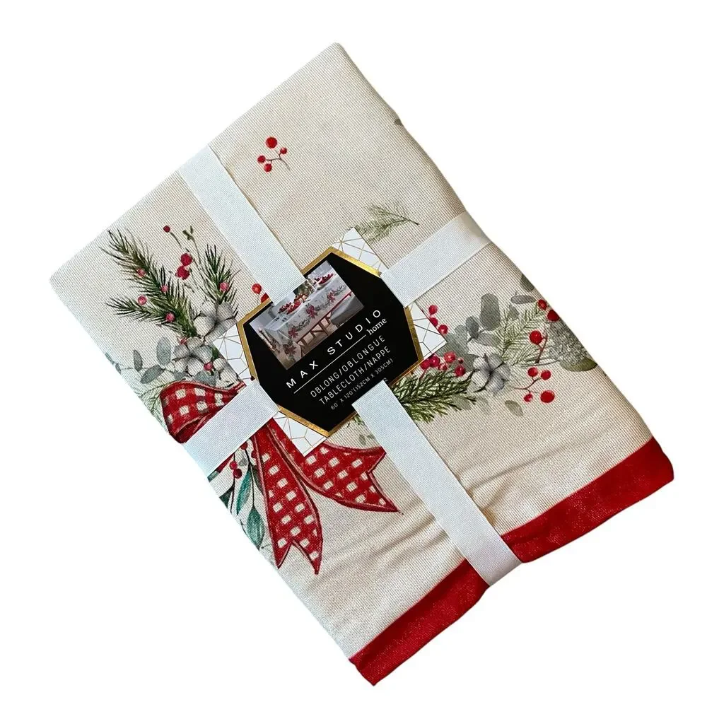 Max Studio Christmas Red Bows & Holly Holiday Tablecloth Oblong 60x120 New